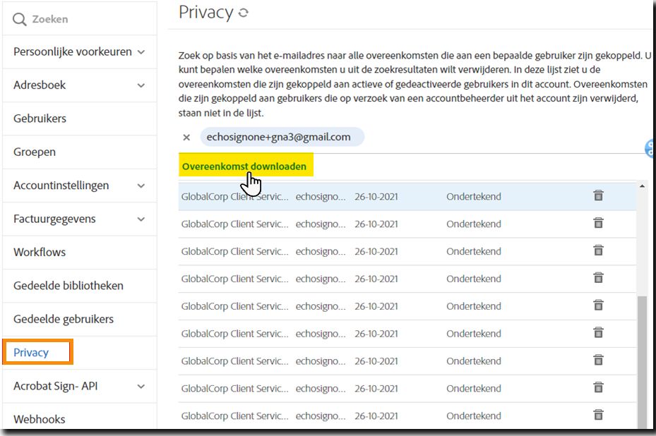 Het venster Privacy met weergegeven overeenkomsten en de koppeling Overeenkomst downloaden gemarkeerd