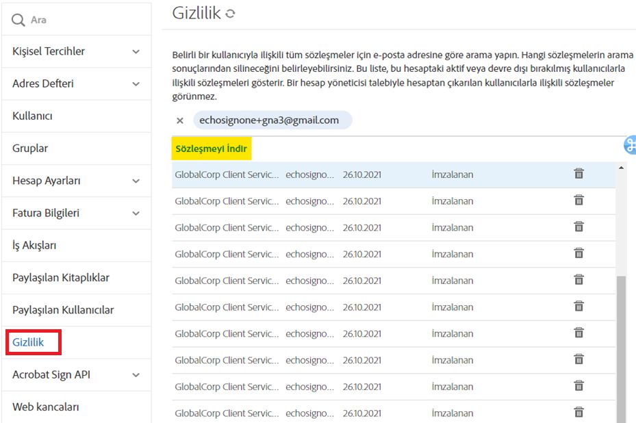 Sözleşmelerin görüntülendiği ve Sözleşmeyi İndir bağlantısının vurgulandığı Gizlilik penceresi