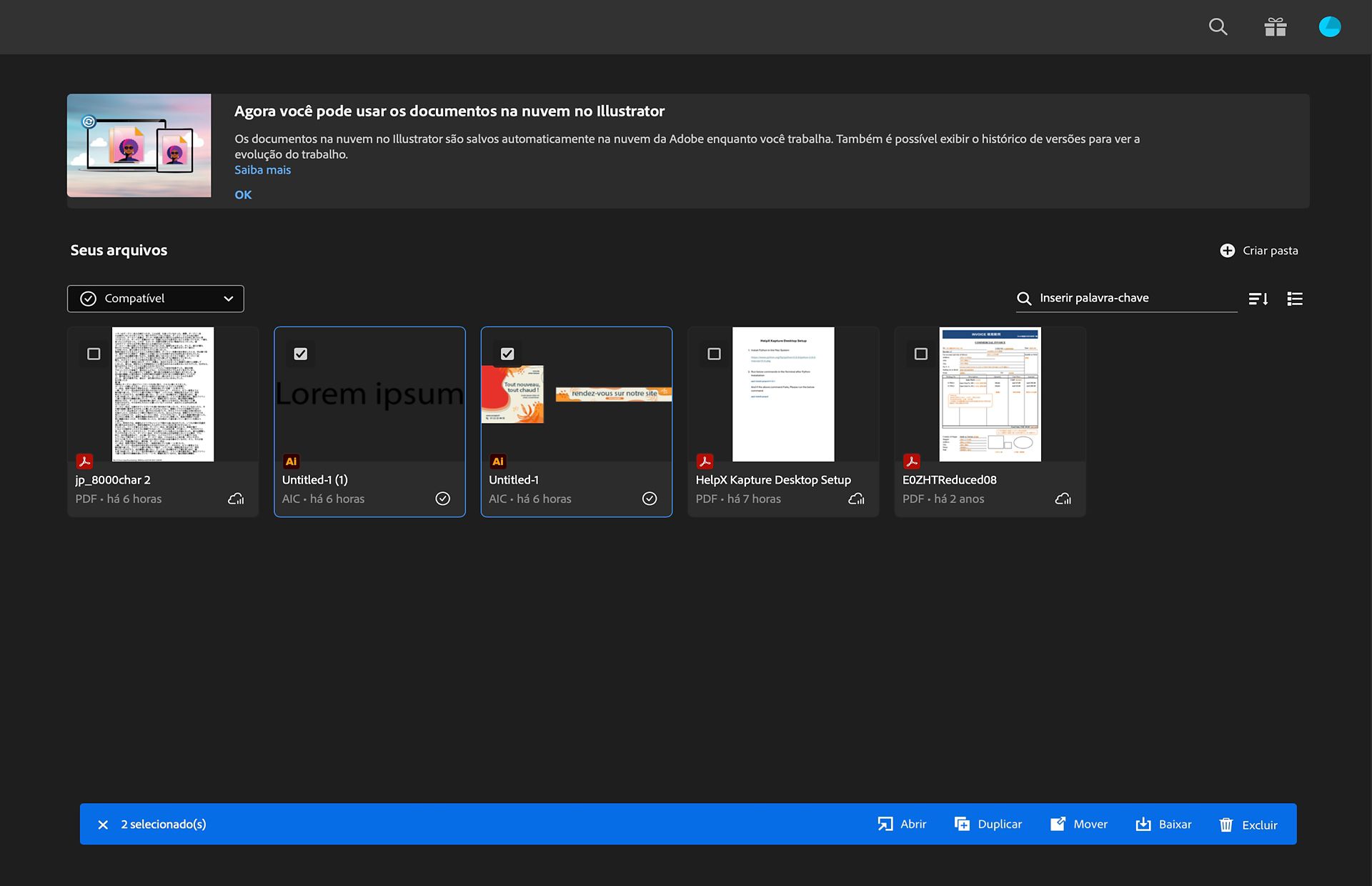 Arquivos PDF selecionados na Página inicial do Illustrator com a opção Baixar destacada na mensagem toast.