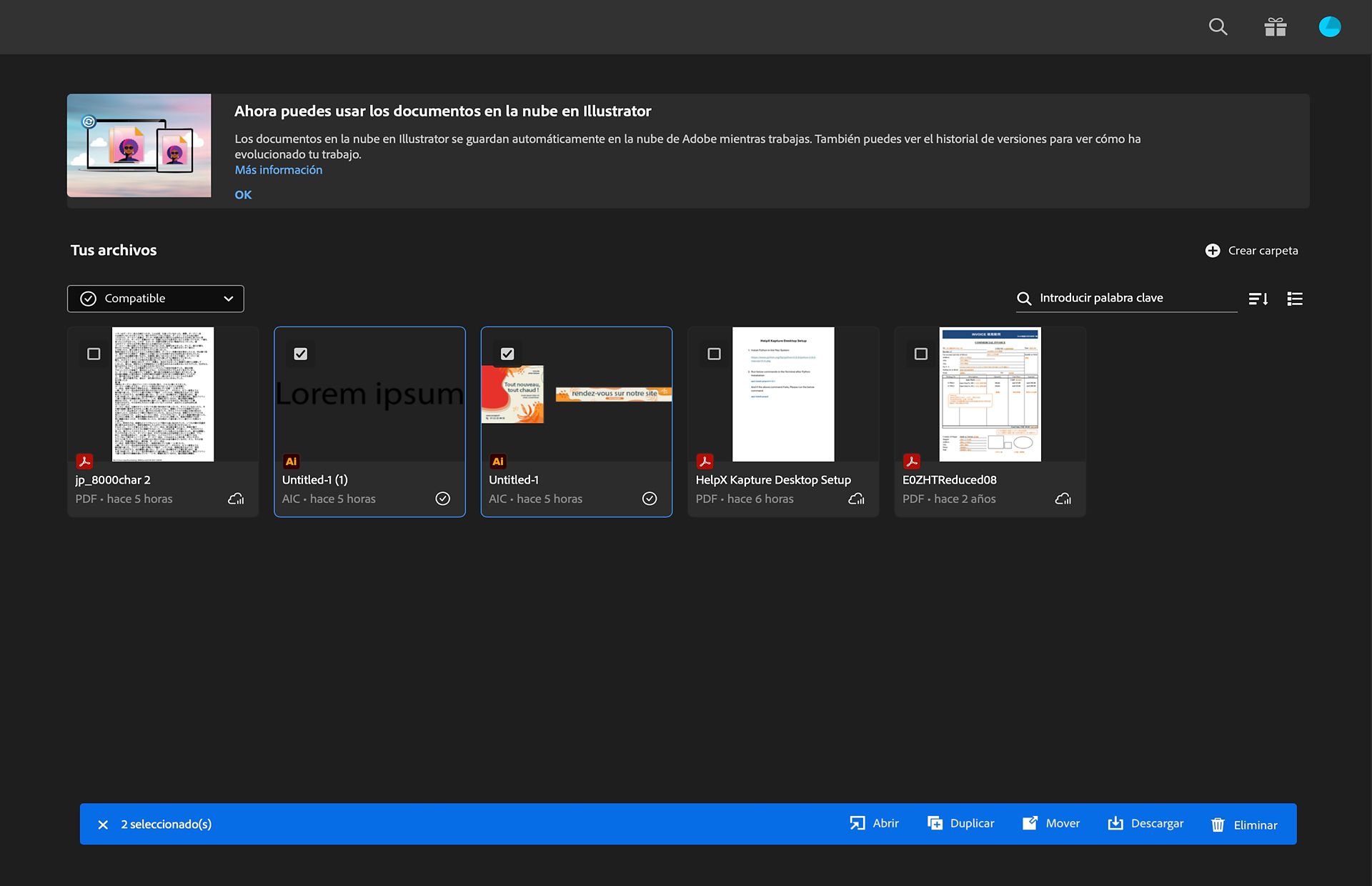 Archivos PDF seleccionados en la pantalla de Inicio de Illustrator con la opción Descargar resaltada en el mensaje.