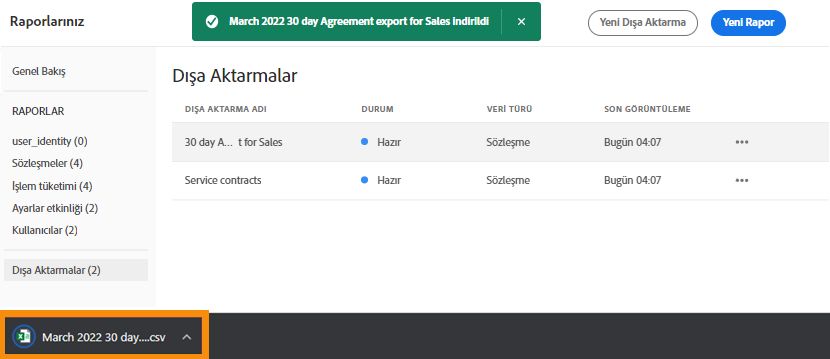 indirilen .csv dosyasını alt bilgide gösteren tarayıcı penceresi