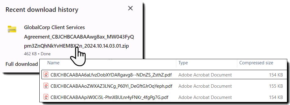 Un esempio del file zip, con il nome evidenziato e un riquadro dei PDF effettivi all’interno del file zip.