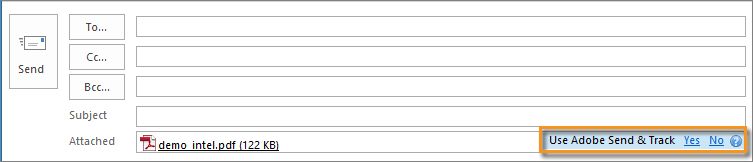 Łącze Tak/Nie wtyczki Adobe Send & Track w polu dodawania załącznika