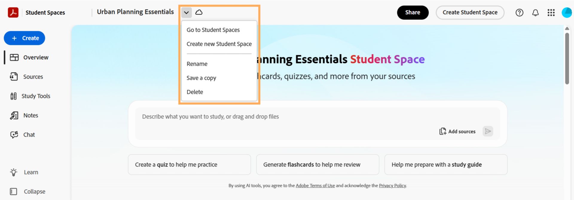 Dropdown menu sa taas ng Student Space na nagpapakita ng mga opsyon para pumunta sa Student Spaces, gumawa ng bagong Student Space, mag-rename, mag-save ng kopya, o mag-delete ng kasalukuyang space.
