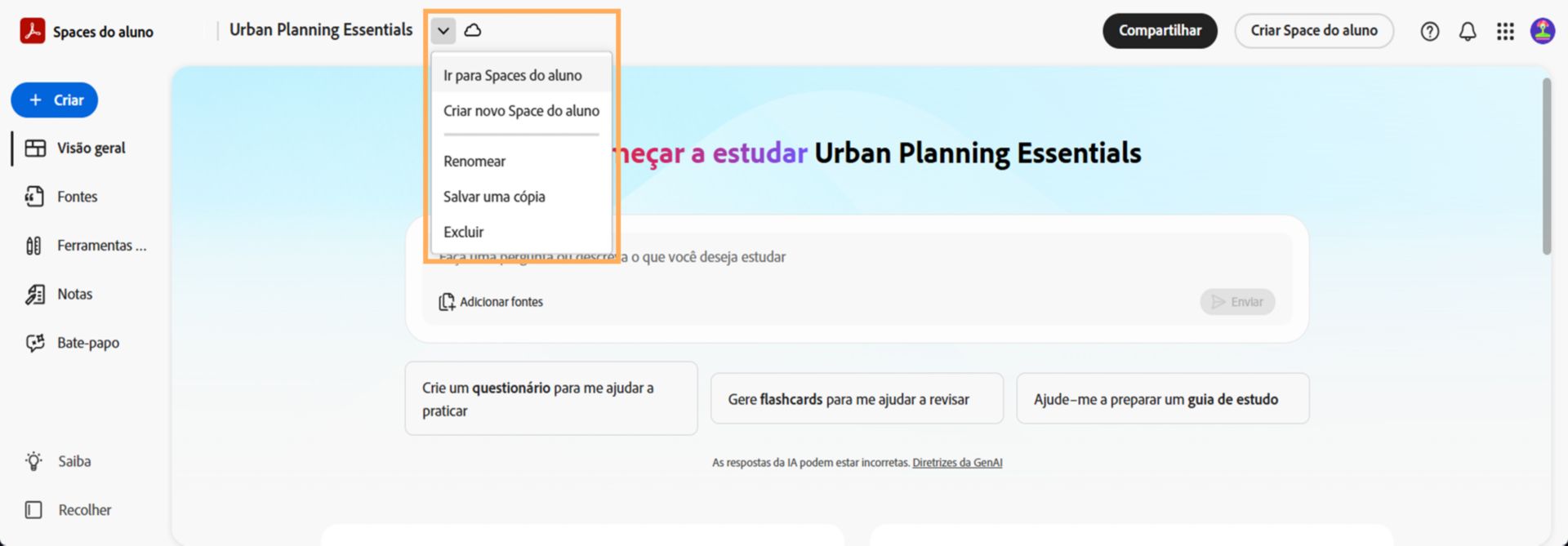 Menu suspenso na parte superior de um Space do aluno que mostra opções para ir para Spaces do aluno, criar um novo Space do aluno, renomear, salvar uma cópia ou excluir o space atual.