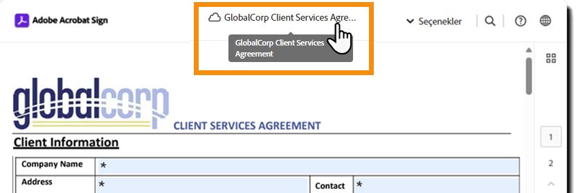 Sözleşme Adının vurgulandığı e-imza sayfası.