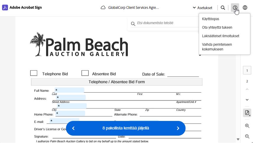 Sähköinen allekirjoitus -sivu, jossa on korostettuna tukeen ja oikeudellisiin ilmoituksiin vievä valikko.