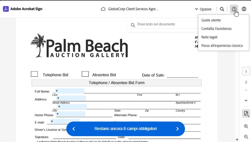 Pagina di firma elettronica con il menu per accedere al supporto e alle note legali evidenziato.