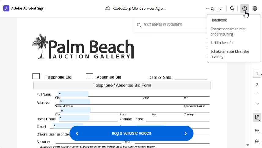 De pagina voor elektronisch ondertekenen met het menu voor toegang tot ondersteuning en juridische kennisgevingen gemarkeerd.