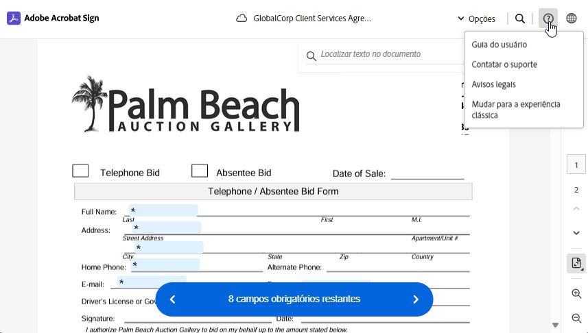 A página de assinatura eletrônica destacando o menu de acesso ao suporte e avisos legais.