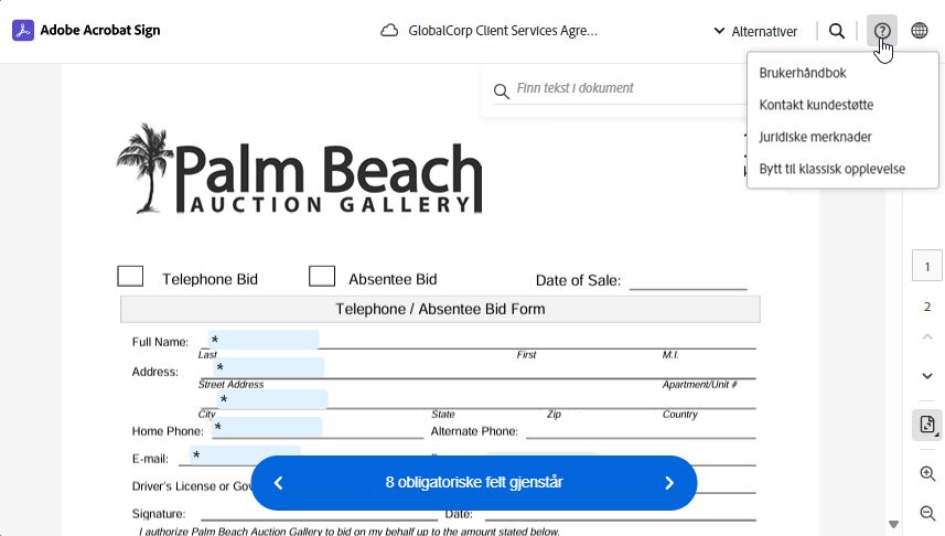 E-signeringssiden uthever menyen for å få tilgang til støtte og juridiske merknader.