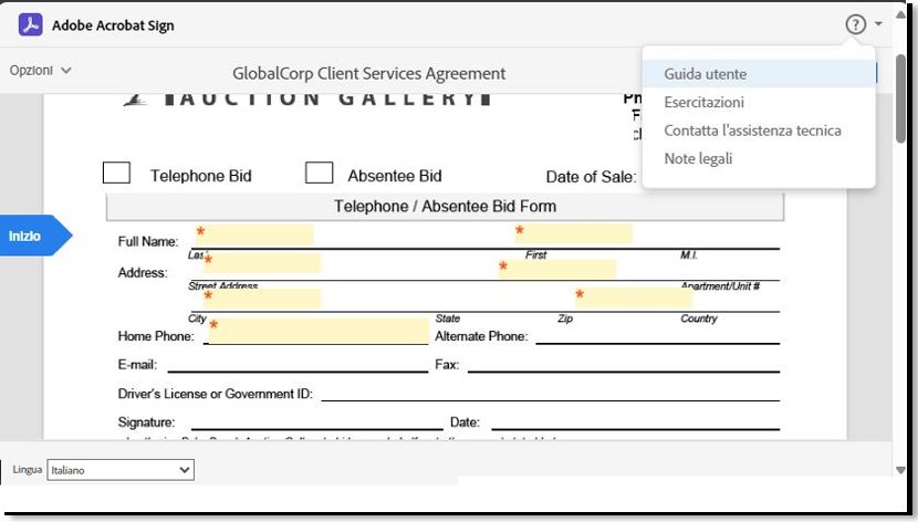 Pagina di firma elettronica con il menu per accedere al supporto e alle note legali evidenziato.