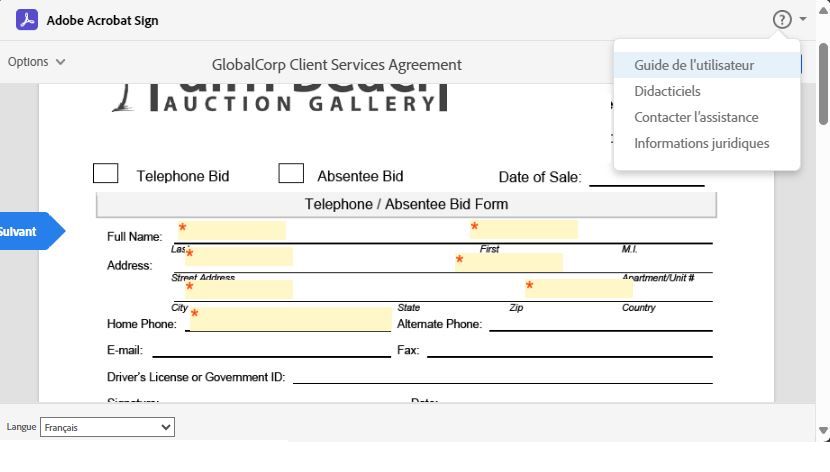 Page de signature électronique mettant en surbrillance le menu permettant d’accéder aux informations juridiques et d’assistance.