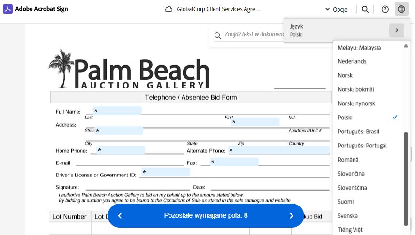 Strona podpisu elektronicznego z podświetloną opcją wyboru języka