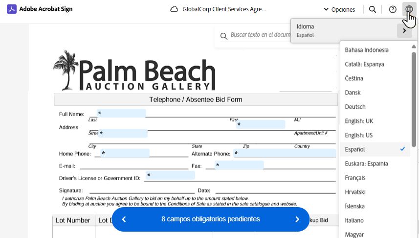 Página de firma electrónica con el selector de idioma resaltado