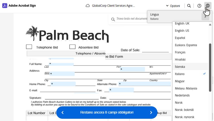 Pagina di firma elettronica con il selettore Lingua evidenziato