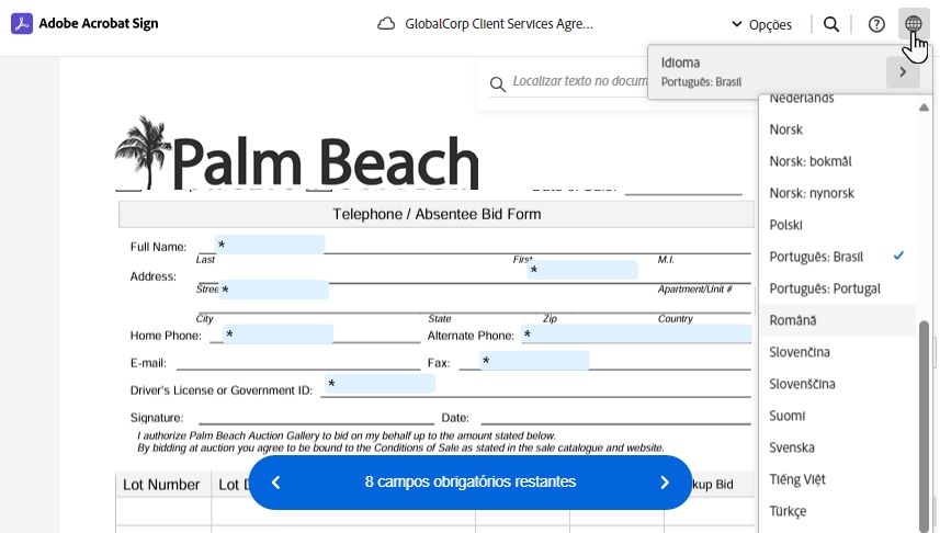 A página de assinatura eletrônica destacando o seletor de idioma