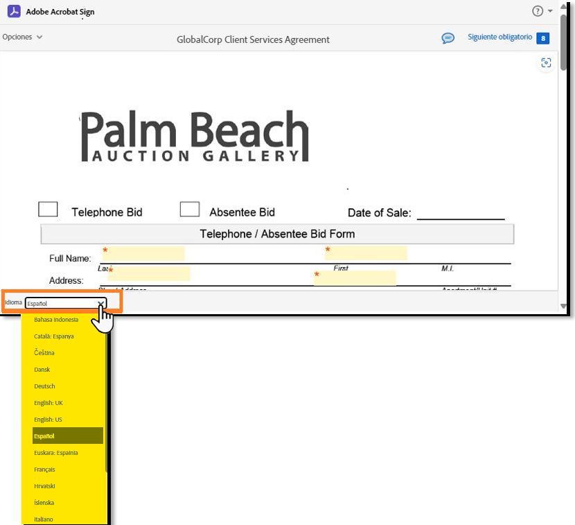 Página de firma electrónica con el selector de idioma resaltado