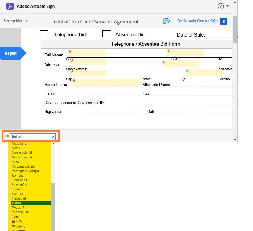Dil seçicinin vurgulandığı e-imza sayfası