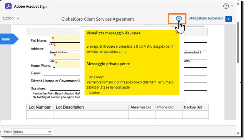 Pagina di firma elettronica che evidenzia i messaggi per il destinatario.