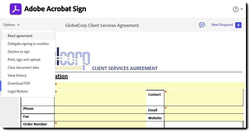 Siden e-signering uthever Alternativer-menyen