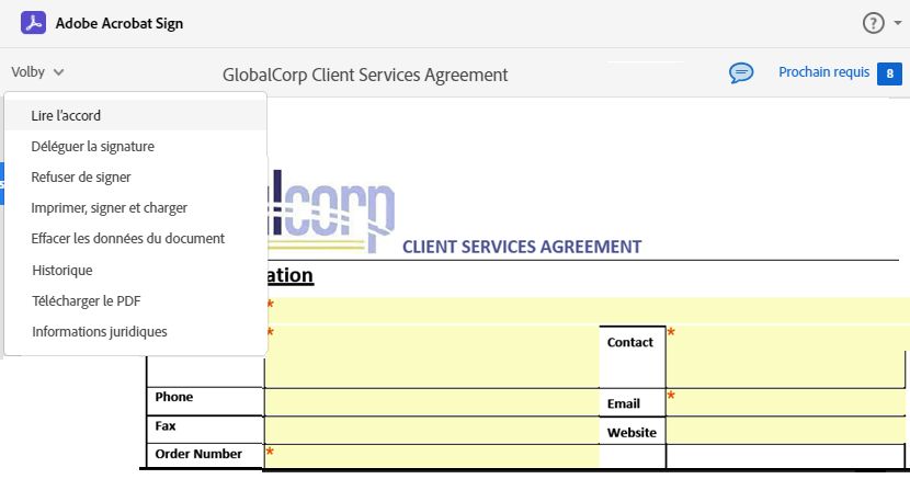 Page de signature électronique avec le menu Options mis en surbrillance