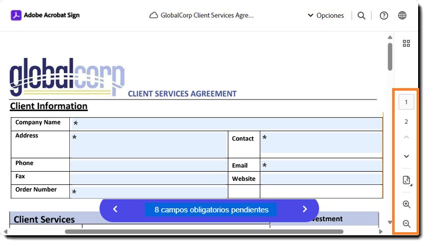 Página de firma electrónica con los controles de página resaltados.