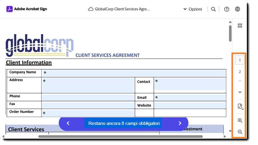 Pagina di firma elettronica che evidenzia i controlli della pagina.