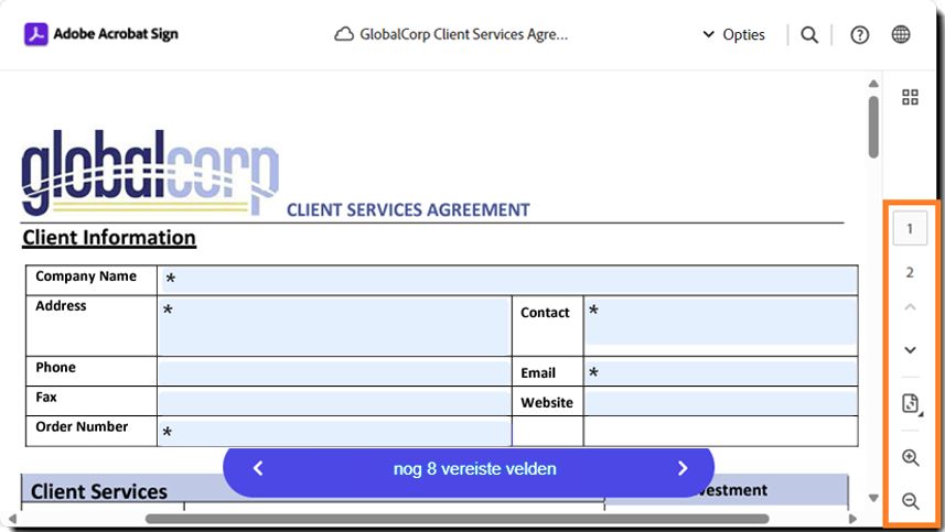 De pagina voor elektronisch ondertekenen met de paginabesturingselementen gemarkeerd.