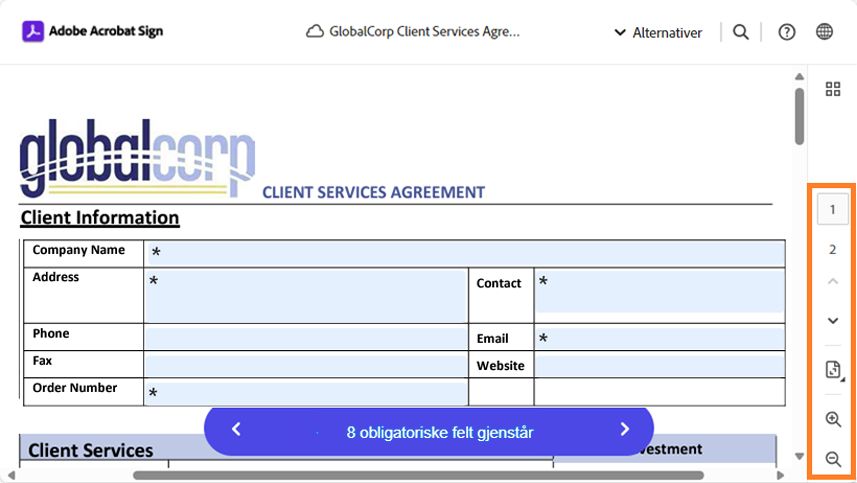 Siden for e-signering uthever sidekontrollene.