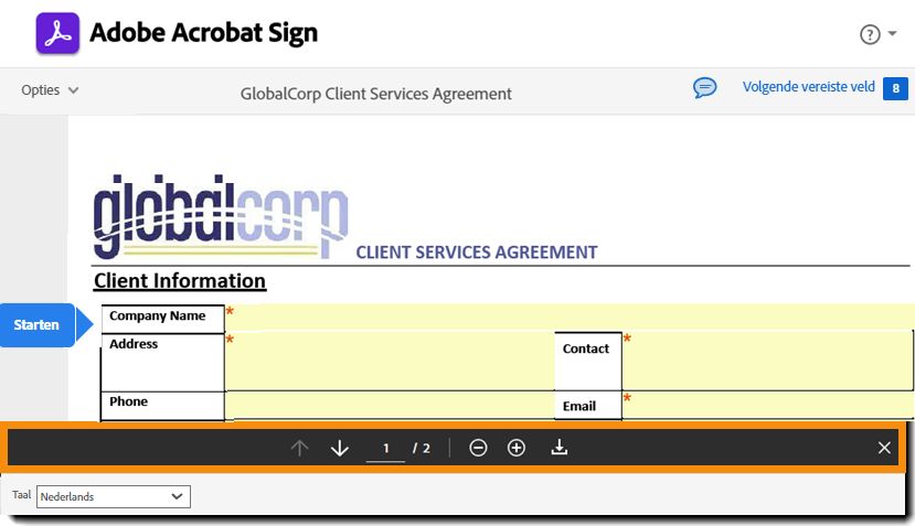 De pagina voor elektronisch ondertekenen met de paginabesturingselementen gemarkeerd.