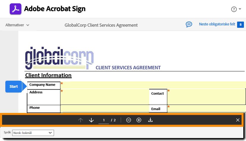 Siden for e-signering uthever sidekontrollene.