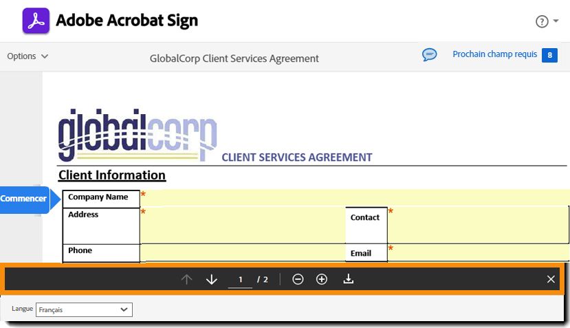 Page de signature électronique avec les contrôles de page mis en surbrillance.