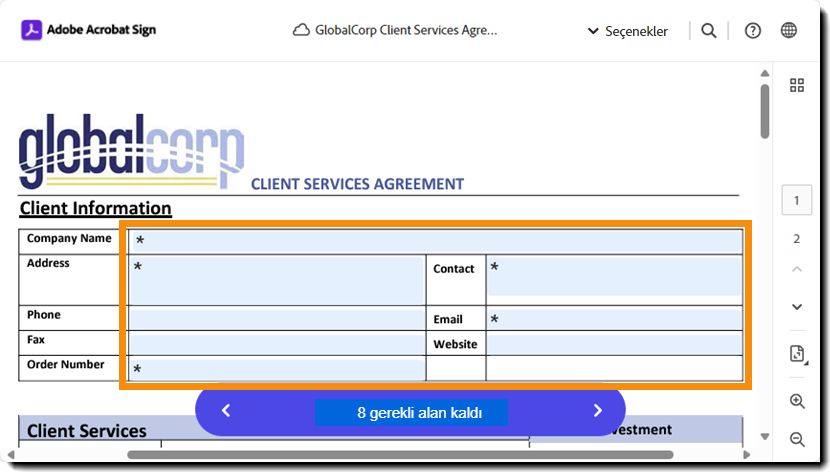 Alıcı için doldurulabilir alanların vurgulandığı e-imza sayfası