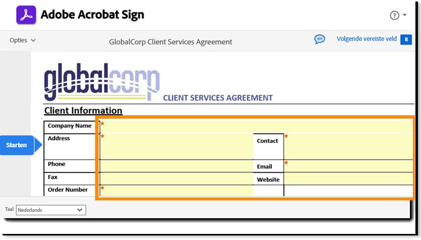 De pagina voor elektronisch ondertekenen met de voor de ontvanger invulbare velden gemarkeerd