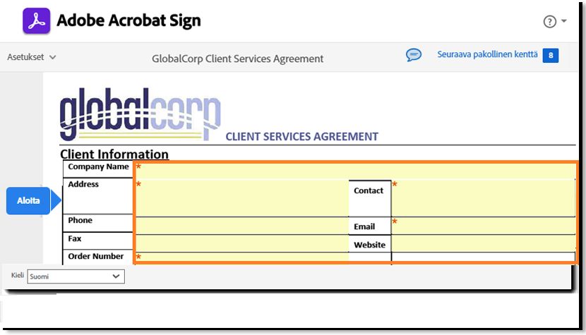 Sähköinen allekirjoitus -sivu, jolla vastaanottajan täytettävät kentät ovat korostettuina