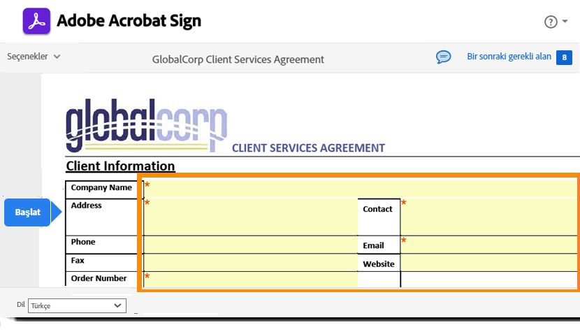 Alıcı için doldurulabilir alanların vurgulandığı e-imza sayfası