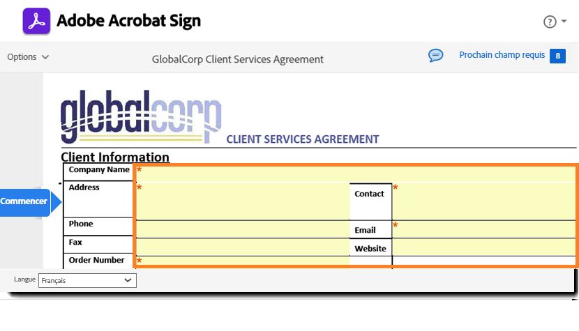 Page de signature électronique avec les champs à remplir par le destinataire mis en surbrillance