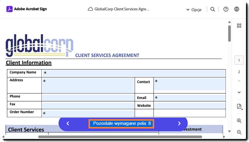 Strona podpisu elektronicznego z podświetlonym licznikiem „Wymagane pola”.