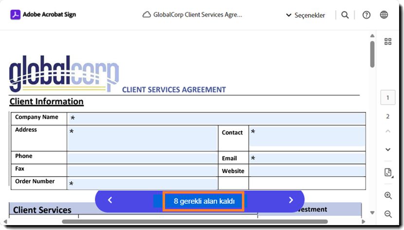 &quot;Gerekli alanlar&quot; sayacının vurgulandığı e-imza sayfası.