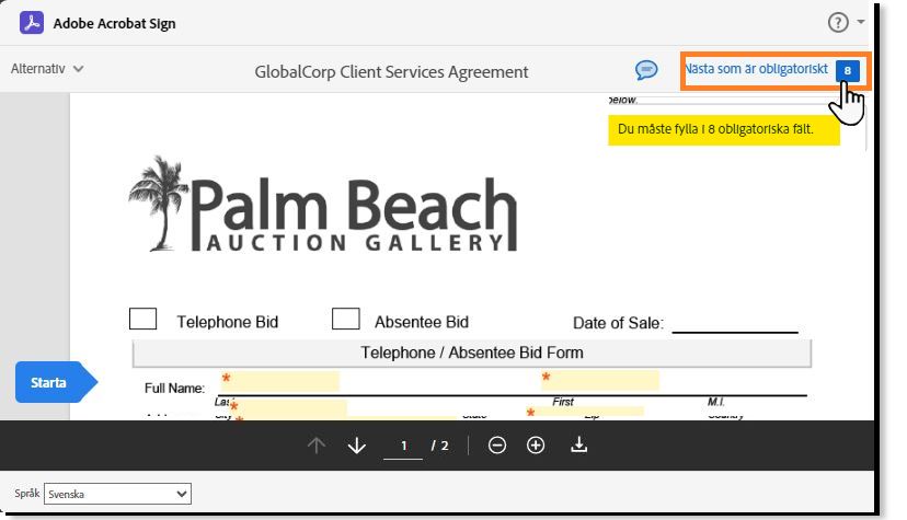 E-signeringssidan markerar räknaren ”obligatoriska fält”.