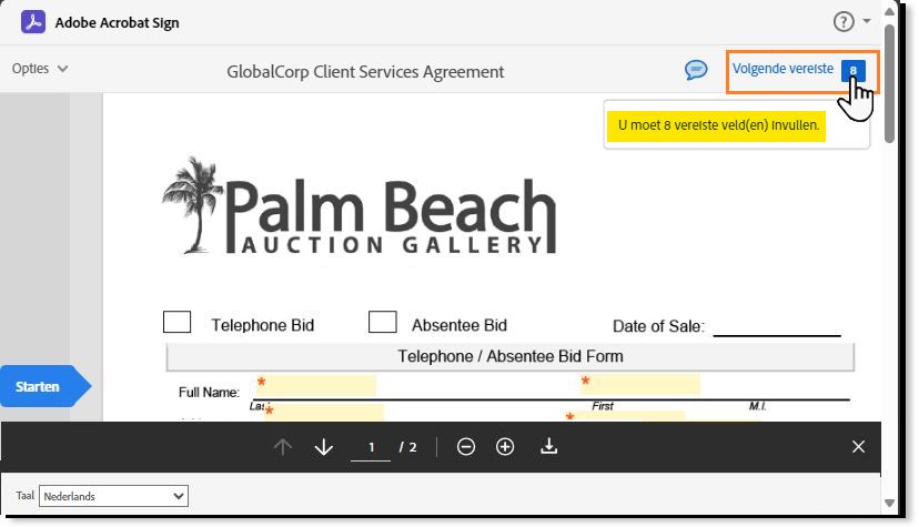 De pagina voor elektronisch ondertekenen met de teller voor resterende vereiste velden gemarkeerd.