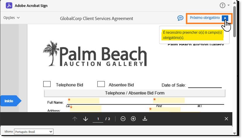 A página de assinatura eletrônica destacando o contador de “campos obrigatórios”.