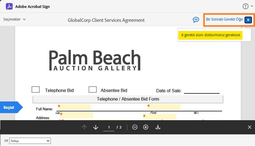 &quot;Gerekli alanlar&quot; sayacının vurgulandığı e-imza sayfası.