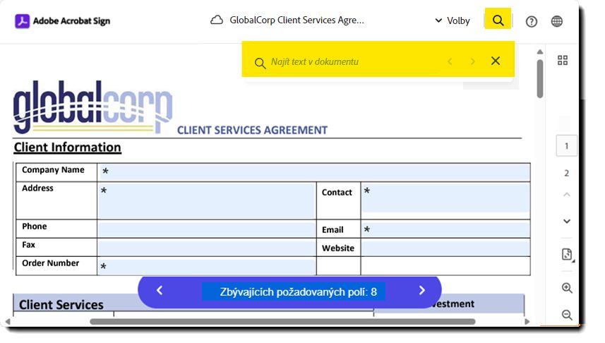 Stránka elektronického podpisu se zvýrazněným polem „Hledání textu“
