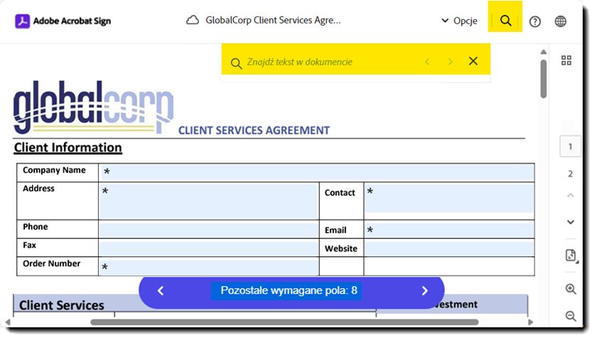 Strona podpisu elektronicznego z podświetlonym polem „Wyszukaj tekst”
