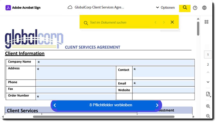 Die E-Signatur-Seite, auf der das Feld „Suchtext“ hervorgehoben ist