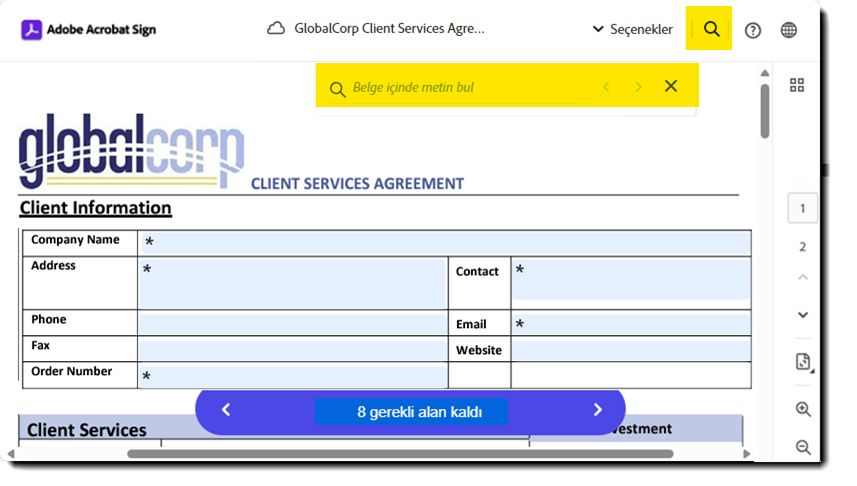 &quot;Metin ara&quot; alanının vurgulandığı e-imza sayfası