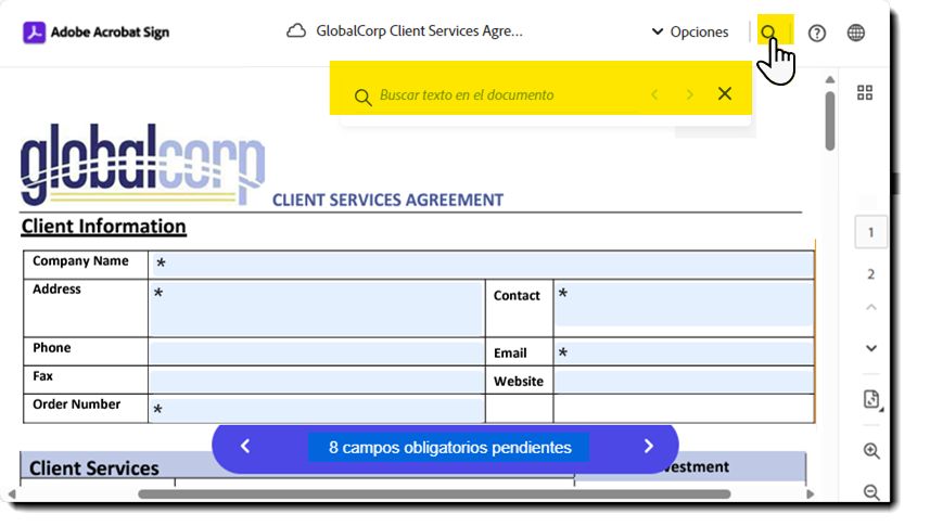 Página de firma electrónica con el campo «Buscar texto» resaltado