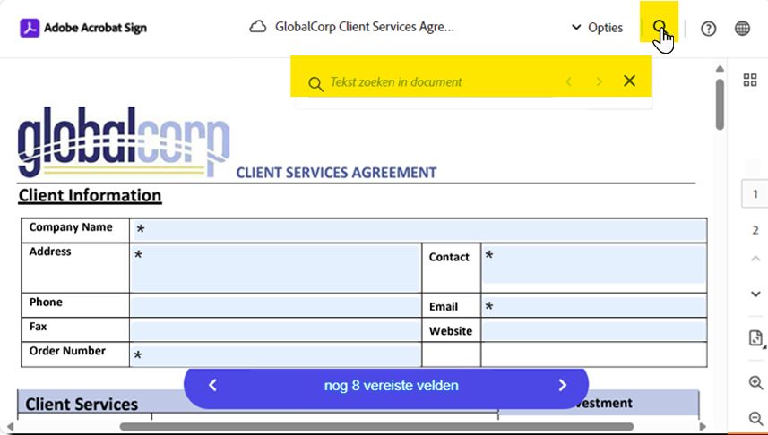 De pagina voor elektronisch ondertekenen met het veld Tekst zoeken gemarkeerd